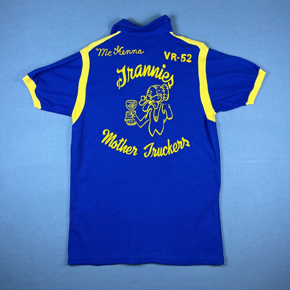 Vintage Hilton VR-52 Trannies Mother Truckers Bowling Polo Shirt Blue Yellow L